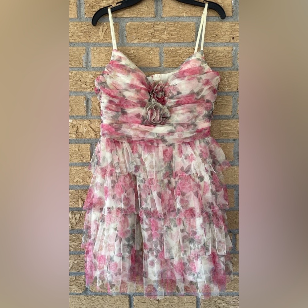 B. Darlin Mesh Spaghetti Strap Sweetheart Ruffle Skirt Rosette Dress Sz 13/14